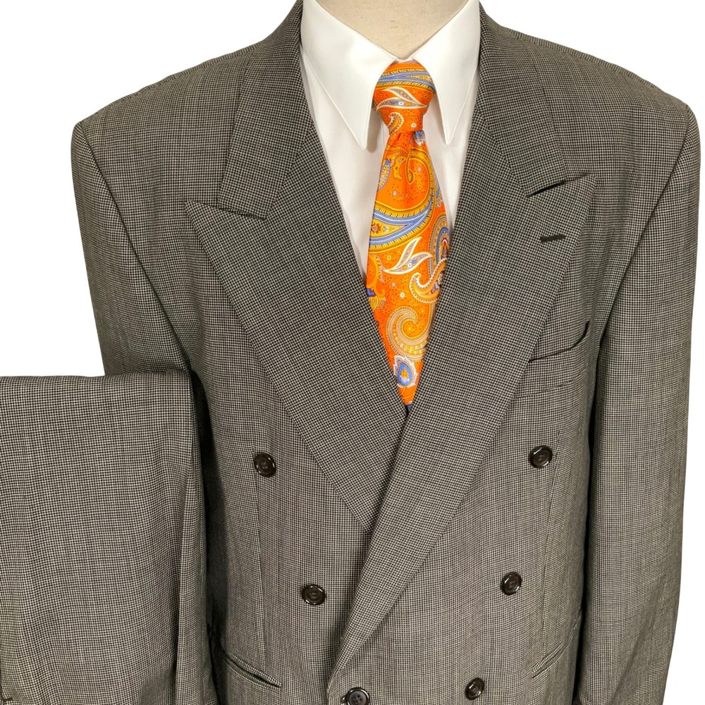 Thomas Churchill Suit Mens 44R Gray Micro Check Double Breasted Wool  VTG Canada
